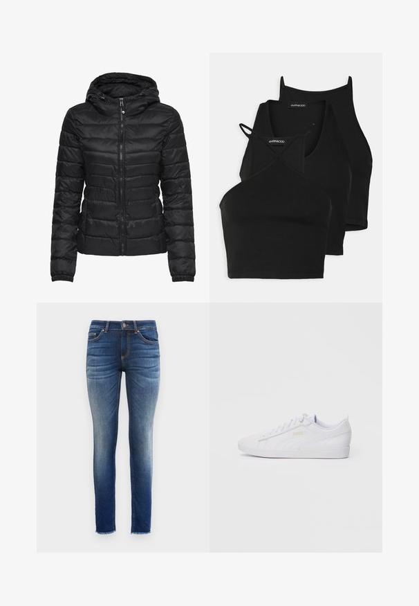 Μαύρο μπουφάν με κουκούλα, με σχέδιο καπιτονέ και κλείσιμο με φερμουάρ. Μαλακό, γυαλιστερό ύφασμα με ελαστικές μανσέτες. Ζεστό και ελαφρύ.; Μαύρα κοντά τοπ από μαλακό, ελαστικό ύφασμα με λεπτές τιράντες και σχέδιο σταυροειδούς. Διαθέτει στρογγυλή λαιμόκοψη και αόρατες ραφές.; Λεπτά τζιν από denim, με βαθμιαία πλύση από σκούρο προς ανοιχτό μπλε, σχεδίαση πέντε τσεπών και σκισμένο στρίφωμα στους αστραγάλους.; Λευκά χαμηλά πάνινα παπούτσια Puma με κορδόνια, διακριτική σήμανση στο πλάι και στη σόλα, και λεία συνθετική επιφάνεια για καθημερινές εμφανίσεις.