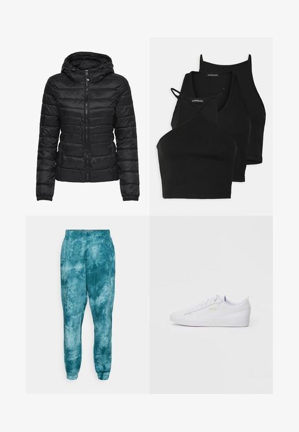 Svart dunjakke med hette, med quiltet design og glidelås. Mykt, blankt stoff med elastiske mansjetter. Varme og lett.; Svart avkortede topper i myk, elastisk stoff med tynne stropper og kryssdesign. Har en rund halsutskjæring og sømløs avslutning.; Nebbia RE-FRESH - Joggebukse - green; Hvit lavtopps Puma-sneaker med snøring foran, subtil merkevare på siden og sålen, og glatt syntetisk overdel for hverdagsbruk.
