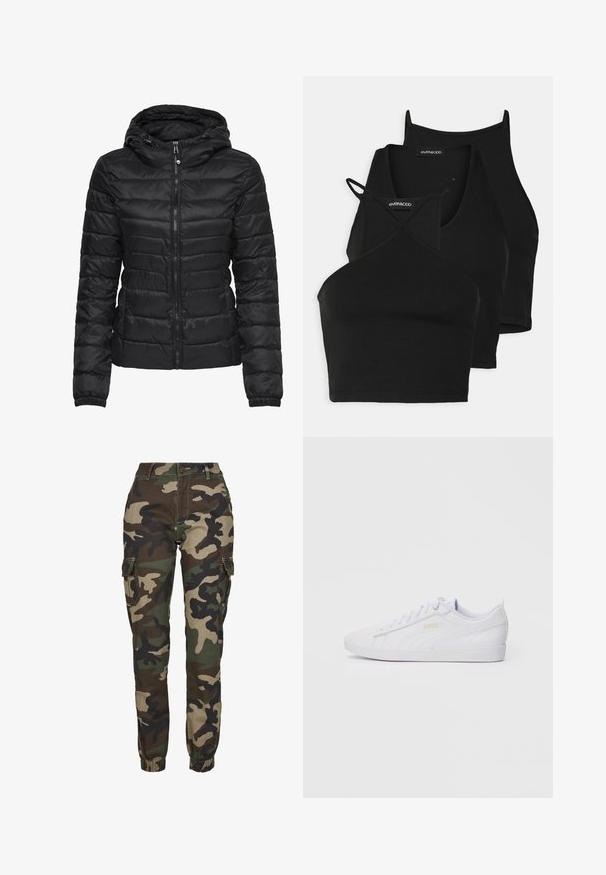 Jachetă puffer neagră cu glugă, cu un design matlasat și închidere cu fermoar. Material moale și lucios, cu manșete elastice. Călduroasă și ușoară.; Topuri negre scurte dintr-un material moale și elastic, cu bretele subțiri și un design în cruce. Prezintă un decolteu rotund și finisaj fără cusături.; Pantaloni cargo camuflați în nuanțe de verde, maro și negru; dispun de manșete elastice, buzunare laterale și sistem de închidere cu un buton sigur.; Adidași Puma albi, cu vârf jos, cu șireturi în față, branding subtil pe lateral și pe talpă, și un material sintetic neted, ideali pentru purtarea de zi cu zi.