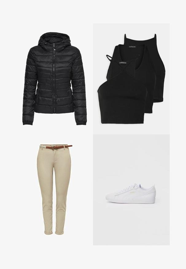 Giacca a vento nera con cappuccio, caratterizzata da un design trapuntato e chiusura con zip. Tessuto morbido e lucido con polsini elasticizzati. Calda e leggera.; Top corti neri in tessuto morbido e elasticizzato, con spalline sottili e design incrociato. Presentano un scollo rotondo e finiture senza cuciture.; Pantaloni beige slim-fit in cotone con texture liscia, dotati di una cintura in pelle marrone e orli arrotolati per un tocco di dettaglio in più.; Sneaker Puma bassa bianche con lacci, branding discreto sul lato e sulla suola, e tomaia in sintetico liscio per un look casual.
