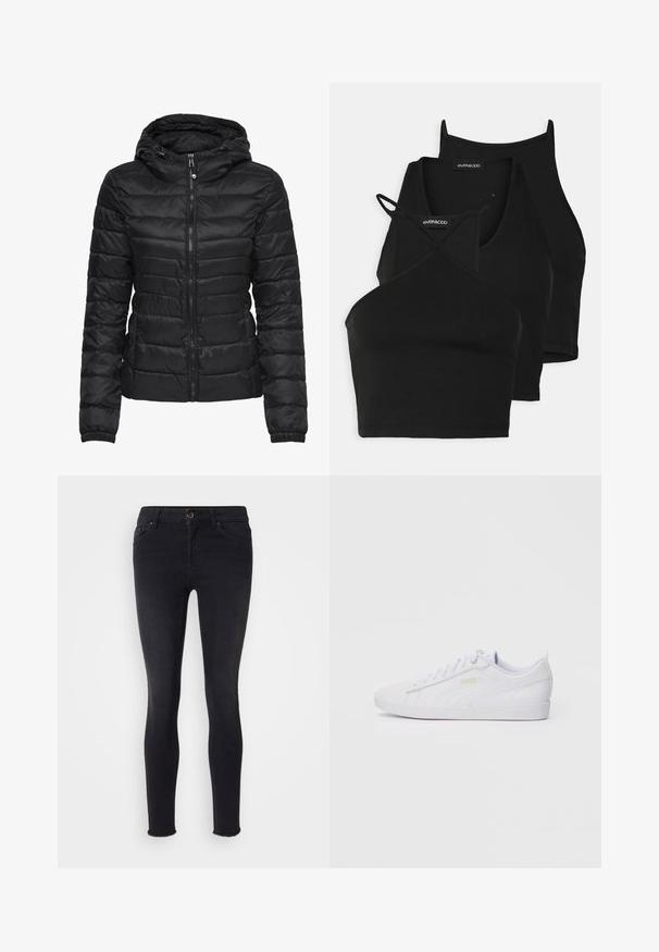 Chaqueta de plumas negra con capucha, con un diseño acolchado y cierre de cremallera. Tejido suave y brillante con puños elásticos. Cálida y ligera.; Top cortos negros en tela suave y elástica con tirantes delgados y diseño entrelazado. Presenta un escote redondeado y terminado sin costuras.; Vaqueros skinnies negros de tejido de denim, con una cintura de altura media, bolsillos delanteros y un dobladillo sin acabar en los tobillos. Diseño clásico de cinco bolsillos.; Zapatilla baja blanca de Puma con cierre de cordones en la parte delantera, un logo sutil en el lado y la suela, y una parte superior de material sintético suave para uso casual.