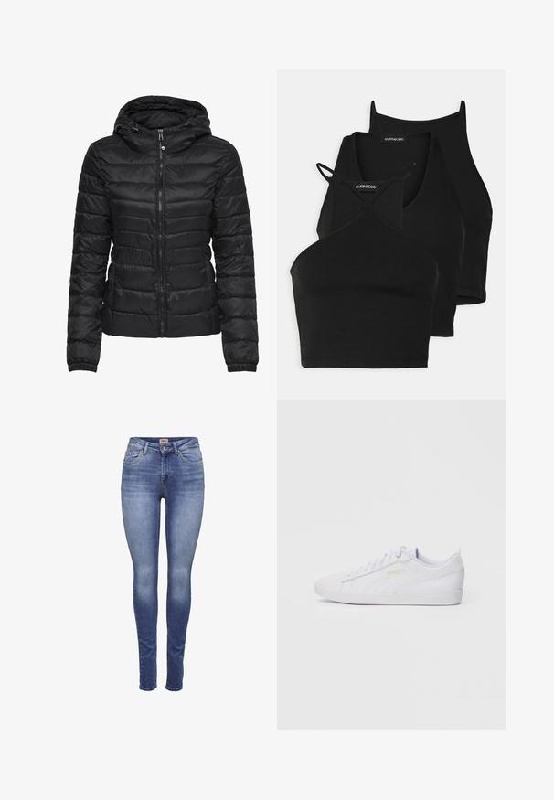 Svart pufferjacka med huva, med ett quiltat mönster och dragkedjestängning. Mjukt, glänsande tyg med elastiska ärmslut. Varm och lätt.; Svarta korta toppar i mjukt, stretchigt tyg med tunna remmar och ett korskorsdesign. Har en rundad halsringning och sömlös finish.; Blå slim-fit jeans för kvinnor med blekt tvätt, framfickor, knappstängning och bälteshällor.; Vita låg-top Puma sneaker med snörning fram, subtil logotyp på sidan och sulan, samt en slät syntetisk ovandel för avslappnat bruk.