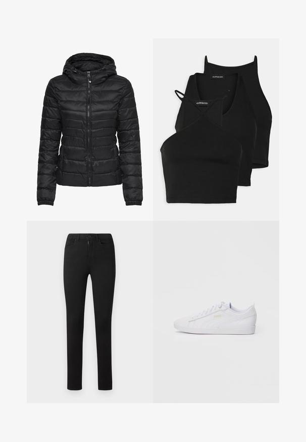 Fekete puffertakó kapucnival, steppelt mintával és cipzáras záródással. Puha, fényes anyag, elasztikus mandzsettákkal. Meleg és könnyű.; Fekete, rövidített felsők puha, ruganyos anyagból vékony pántokkal és keresztbe fonott kivágással. Lekerekített nyakkivágással és varrás nélküli kidolgozással rendelkezik.; Fekete, testhez álló farmernadrág sima felülettel, standard ötpocketos kialakítással, elülső zipzárral és gombos zárással. Nincsenek látható minták vagy kiegészítők.; Fehér, alacsony szárú Puma sneaker, fűzős elülső résszel, diszkrét logóval az oldalon és a talpon, sima szintetikus felsőrésszel, amely laza viselethez készült.