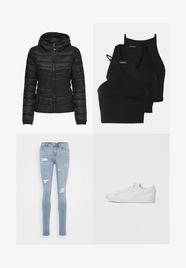 Melna pūka jaka ar kapuci, ar izšūtu dizainu un rāvējslēdzēju. Mīksta, spīdīga auduma ar elastīgām piedurknēm. Silta un viegla.; Melnas īsās blūzes no mīksta, stiepjama auduma ar plānām siksnām un krustveida dizainu. Iekļauj apaļu kakla izgriezumu un bezšuvju apdari.; Gaišzilās šaurās džinsās, kas izgatavotas no denima, ar nolietotām vietām un plīsumiem priekšpusē, standarta piecu kabatu dizains un pogu aizdare.; Baltās zemas Puma kedas ar šņorēšanu priekšpusē, diskrēta zīmola simbolika uz sāniem un zoles, kā arī gluda sintētiska virsma ikdienas valkāšanai.