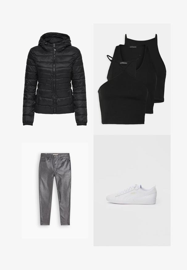 Fekete puffertakó kapucnival, steppelt mintával és cipzáras záródással. Puha, fényes anyag, elasztikus mandzsettákkal. Meleg és könnyű.; Fekete, rövidített felsők puha, ruganyos anyagból vékony pántokkal és keresztbe fonott kivágással. Lekerekített nyakkivágással és varrás nélküli kidolgozással rendelkezik.; Fémes szürke, slim fit szabású farmer, öt zsebes kialakítással és diszkrét fényes felülettel. Denim-szerű anyagból készült, gombos és cipzáras záródással.; Fehér, alacsony szárú Puma sneaker, fűzős elülső résszel, diszkrét logóval az oldalon és a talpon, sima szintetikus felsőrésszel, amely laza viselethez készült.
