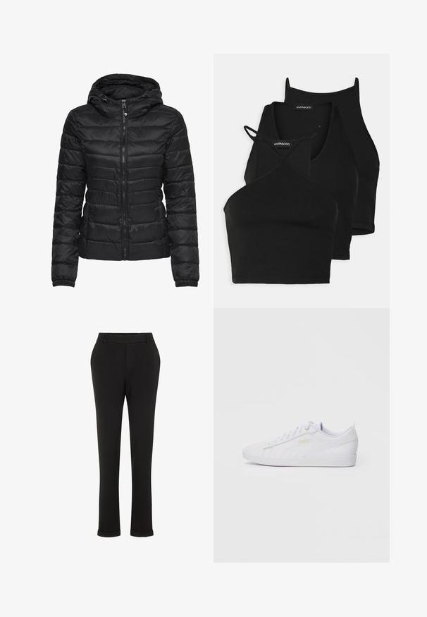 Giacca a vento nera con cappuccio, caratterizzata da un design trapuntato e chiusura con zip. Tessuto morbido e lucido con polsini elasticizzati. Calda e leggera.; Top corti neri in tessuto morbido e elasticizzato, con spalline sottili e design incrociato. Presentano un scollo rotondo e finiture senza cuciture.; Pantaloni neri su misura realizzati in tessuto liscio; presentano un design a gamba dritta, passanti per cintura e orlo arrotolato.; Sneaker Puma bassa bianche con lacci, branding discreto sul lato e sulla suola, e tomaia in sintetico liscio per un look casual.