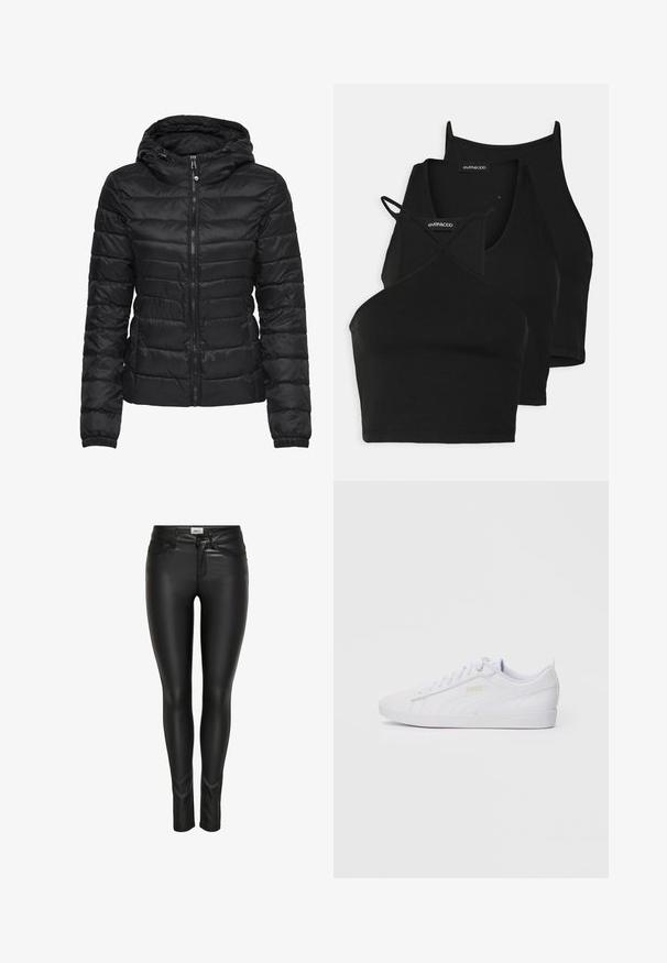 Must musta jope kapuutsiga, millel on tikandiga disain ja lukuga sulgemine. Pehme, läikiv kangas elastsete mansettidega. Soe ja kerge.; Mustad lühikesed topid pehmest, venivast kangast õhukeste rihmadega ja ristuvate elementidega. Omab ümarat kaelust ja õmblusteta viimistlust.; Mustad must-fit kunstnahk püksid esipaneeli nupu, tõmbluku sulgemise ja vöökottidega, esitatud valgel taustal.; Valged madalad Puma tossud, mis on varustatud nööridega esiosas, diskreetse brändingu ka külgedel ja tallal ning sujuva sünteetilise ülemise osaga igapäevaseks kandmiseks.