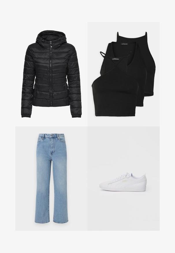 Giacca a vento nera con cappuccio, caratterizzata da un design trapuntato e chiusura con zip. Tessuto morbido e lucido con polsini elasticizzati. Calda e leggera.; Top corti neri in tessuto morbido e elasticizzato, con spalline sottili e design incrociato. Presentano un scollo rotondo e finiture senza cuciture.; Jeans a gamba larga in denim azzurro chiaro con vita alta, design a cinque tasche e cuciture a contrasto sui bordi.; Sneaker Puma bassa bianche con lacci, branding discreto sul lato e sulla suola, e tomaia in sintetico liscio per un look casual.
