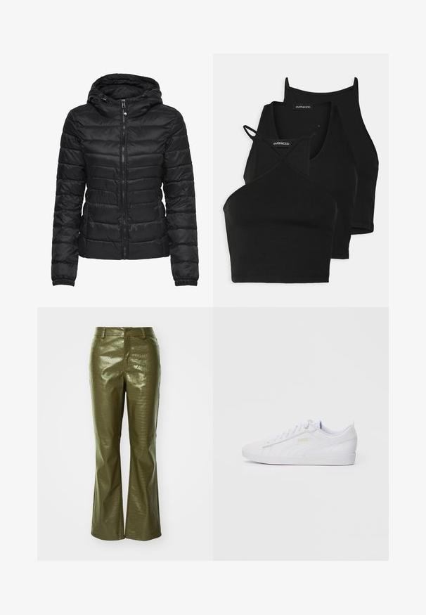 Jachetă puffer neagră cu glugă, cu un design matlasat și închidere cu fermoar. Material moale și lucios, cu manșete elastice. Călduroasă și ușoară.; Topuri negre scurte dintr-un material moale și elastic, cu bretele subțiri și un design în cruce. Prezintă un decolteu rotund și finisaj fără cusături.; Pantaloni din piele eco verde măslin cu textură de crocodil, având talie ajustată și picioare evazate. Materialul are un finisaj lucios.; Adidași Puma albi, cu vârf jos, cu șireturi în față, branding subtil pe lateral și pe talpă, și un material sintetic neted, ideali pentru purtarea de zi cu zi.