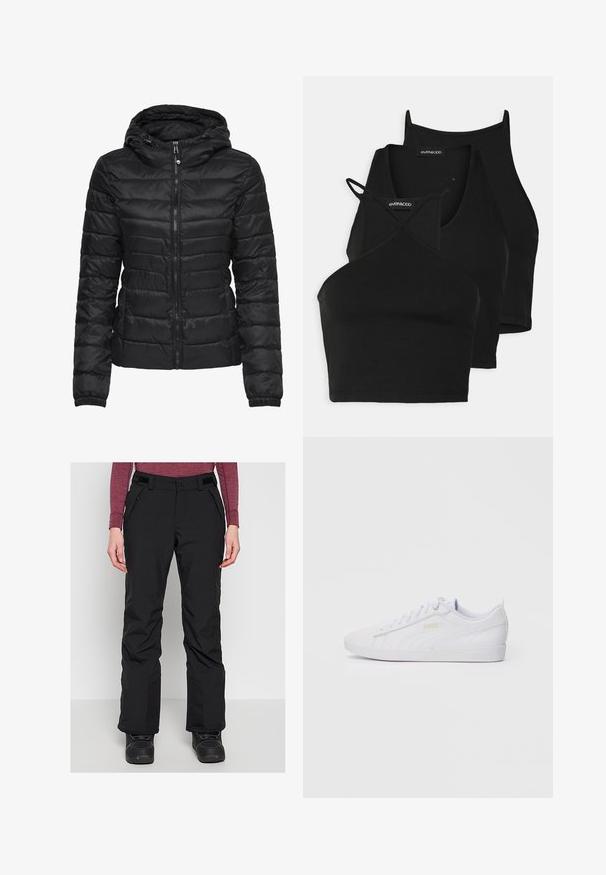 Giacca a vento nera con cappuccio, caratterizzata da un design trapuntato e chiusura con zip. Tessuto morbido e lucido con polsini elasticizzati. Calda e leggera.; Top corti neri in tessuto morbido e elasticizzato, con spalline sottili e design incrociato. Presentano un scollo rotondo e finiture senza cuciture.; Pantaloni da neve neri con design impermeabile, caratterizzati da una vestibilità a gamba dritta, vita regolabile e tasche laterali con zip. Dettagli in mesh ai polsini.; Sneaker Puma bassa bianche con lacci, branding discreto sul lato e sulla suola, e tomaia in sintetico liscio per un look casual.