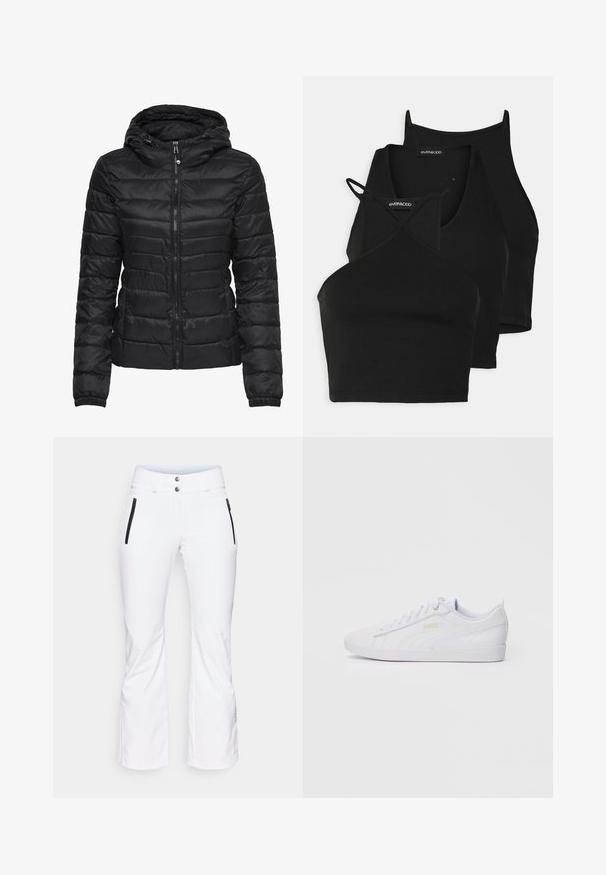 Svart dunjakke med hette, med quiltet design og glidelås. Mykt, blankt stoff med elastiske mansjetter. Varme og lett.; Svart avkortede topper i myk, elastisk stoff med tynne stropper og kryssdesign. Har en rund halsutskjæring og sømløs avslutning.; Hvite skibukser med smalere ben, to glidelåslommer i svart og to metallknapper i livet. Glatt, vannavstøtende materiale.; Hvit lavtopps Puma-sneaker med snøring foran, subtil merkevare på siden og sålen, og glatt syntetisk overdel for hverdagsbruk.
