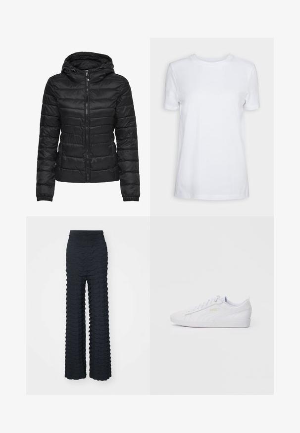 Zwarte pufferjack met een capuchon, met een gestikt ontwerp en ritssluiting. Zacht, glanzend stof met elastische manchetten. Warm en licht van gewicht.; Witte korte mouwen T-shirt van katoen. Ronde hals ontwerp met een soepele textuur en geen zichtbare patronen of accenten. Basisstijl.; Wijde broek in donkergrijze stof met golfachtige textuurpatroon, hoge taille en een gladde afwerking met een gestructureerde vorm.; Witte lage Puma sneakers met gevlochten veters, subtiele branding aan de zijkant en onderzijde, en een gladde synthetische bovenkant voor casual gebruik.