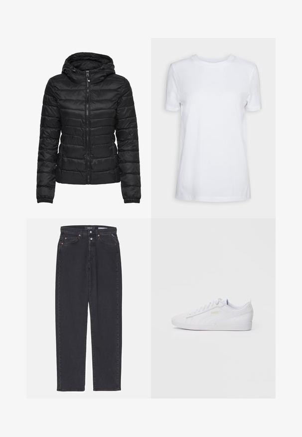 Chaqueta de plumas negra con capucha, con un diseño acolchado y cierre de cremallera. Tejido suave y brillante con puños elásticos. Cálida y ligera.; Camiseta blanca de manga corta hecha de algodón. Diseño de cuello redondo con una textura suave y sin patrones ni acentos visibles. Estilo básico.; Vaqueros de mezclilla negra con corte recto, que cuentan con remaches de cobre, cierre de botón y cinco bolsillos. Diseño limpio sin adornos adicionales.; Zapatilla baja blanca de Puma con cierre de cordones en la parte delantera, un logo sutil en el lado y la suela, y una parte superior de material sintético suave para uso casual.