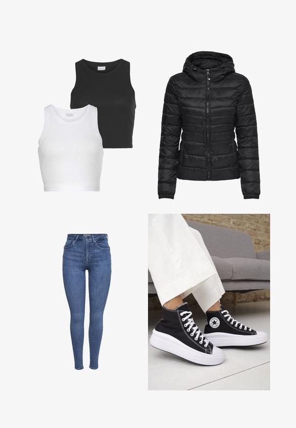 Schwarze Daunenjacke mit Kapuze, ausgestattet mit einem gesteppten Design und einem Reißverschluss. Weicher, glänzender Stoff mit elastischen Bündchen. Warm und leicht.; Zwei gerippte Crop-Tops in Schwarz und Weiß, mit rundem Ausschnitt und ärmellosem Design. Jedes hat eine taillierte Silhouette und eine weiche Textur.; Blaue hochgeschnittene Skinny-Jeans mit frontalen Taschen, Knopf, Reißverschluss und Gürtelschlaufen, auf einem weißen Hintergrund präsentiert.; Schwarze High-Top-Sneaker mit weißen Gummisohlen und Schnürsenkeln. Verfügt über ein rundes Logo-Patch und kontrastierende weiße Nähte. Aus Canvas-Material.