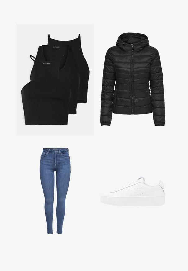 Fekete puffertakó kapucnival, steppelt mintával és cipzáras záródással. Puha, fényes anyag, elasztikus mandzsettákkal. Meleg és könnyű.; Fekete, rövidített felsők puha, ruganyos anyagból vékony pántokkal és keresztbe fonott kivágással. Lekerekített nyakkivágással és varrás nélküli kidolgozással rendelkezik.; Kék, magas derékú skinny farmernadrág elülső zsebekkel, gombos, cipzáras záródással és övhurkokkal, fehér háttér előtt.; Fehér platform sportcipők bőr felsőrésszel, kerek orral és fűzős záródással. Oldalsó perforációkkal és diszkrét logóval a saroknál.