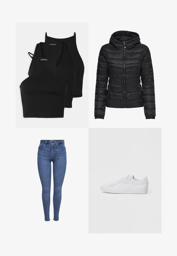 Black puffer jacket with a hood, featuring a quilted design and zipper closure. Soft, shiny fabric with elastic cuffs. Warm and lightweight.; Black cropped tops in soft, stretchy fabric with thin straps and a crisscross design. Features a rounded neckline and seamless finishing.; Blue high-waist skinny jeans with front pockets, button, zipper closure, and belt loops, displayed on a white background.; White low-top Puma sneaker with lace-up front, subtle branding on side and sole, and smooth synthetic upper for casual wear.