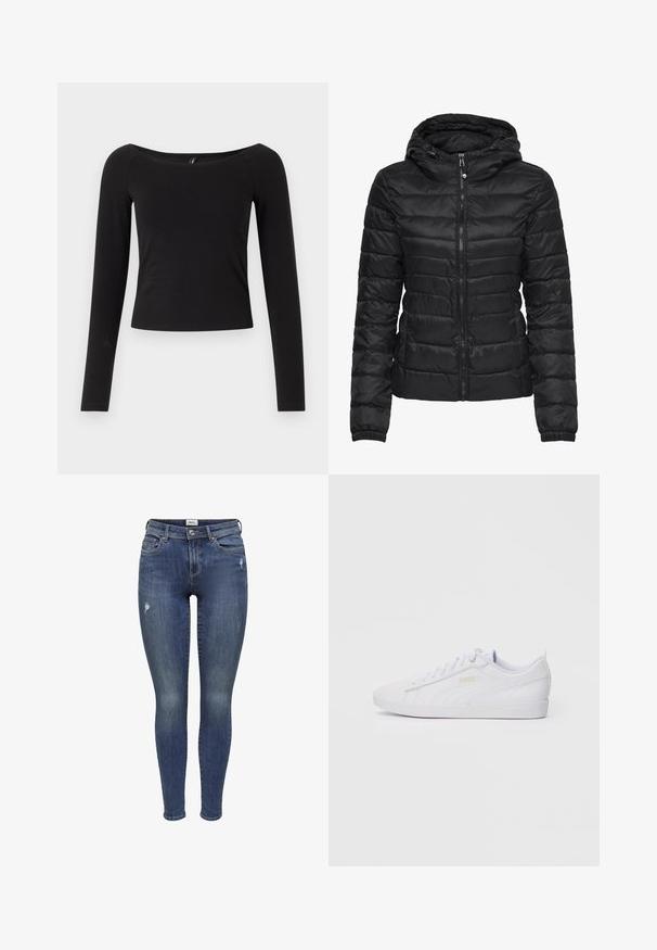 Black puffer jacket with a hood, featuring a quilted design and zipper closure. Soft, shiny fabric with elastic cuffs. Warm and lightweight.; Black long-sleeve top with a boat neckline, fitted design, and soft cotton material, featuring no visible patterns or hardware.; Blue skinny jeans with slight distressing on thighs, front button and zipper closure, front and back pockets, and belt loops.; White low-top Puma sneaker with lace-up front, subtle branding on side and sole, and smooth synthetic upper for casual wear.