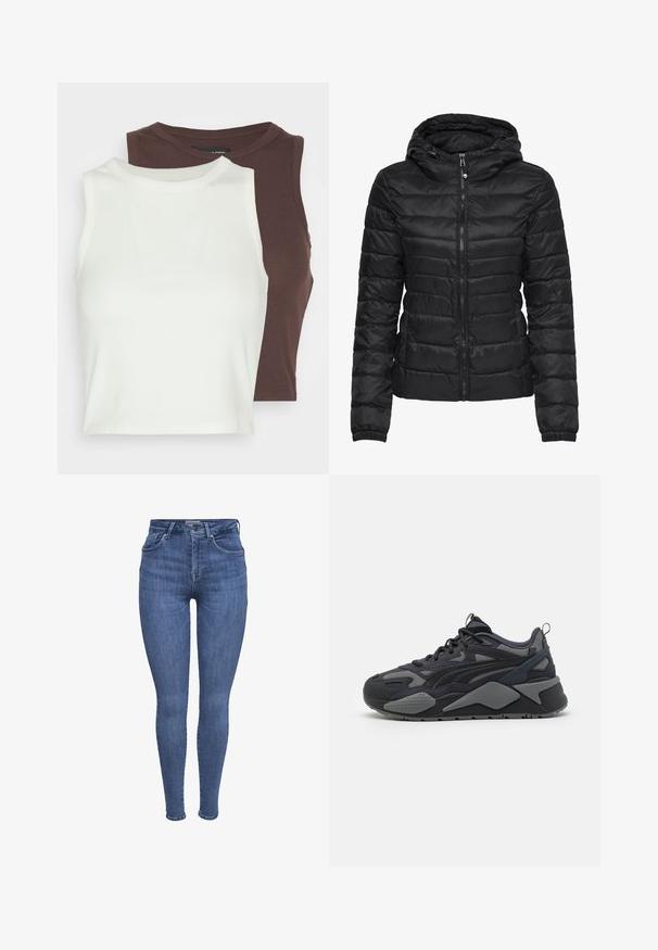 Melna pūka jaka ar kapuci, ar izšūtu dizainu un rāvējslēdzēju. Mīksta, spīdīga auduma ar elastīgām piedurknēm. Silta un viegla.; Divi svītraini bez piedurknēm, balts un tumši brūns. Abiem ir augsts kakla izgriezums un mīksts, elastīgs materiāls, ideāli piemērots kārtu veidošanai.; Zilas augstās jostas vietas šaurās bikses ar priekšējām kabatām, pogu, rāvējslēdzēja aizdari un jostu cilpiņām, izliktas uz baltā fona.; Melni sporta apavi ar acu un tekstila augšdaļu, pelēkiem akcentiem, masīvu zoli un izteiksmīgām dizaina līnijām.