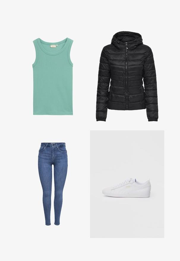 Fekete puffertakó kapucnival, steppelt mintával és cipzáras záródással. Puha, fényes anyag, elasztikus mandzsettákkal. Meleg és könnyű.; Világos tengerszínű ujjatlan felső, bordás pamutból készült, kerek nyakú és díszítések nélküli kivitelben.; Kék, magas derékú skinny farmernadrág elülső zsebekkel, gombos, cipzáras záródással és övhurkokkal, fehér háttér előtt.; Fehér, alacsony szárú Puma sneaker, fűzős elülső résszel, diszkrét logóval az oldalon és a talpon, sima szintetikus felsőrésszel, amely laza viselethez készült.