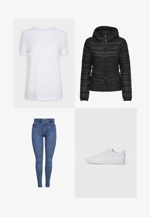 Casaco puffer preto com capuz, apresentando um design acolchoado e fecho de correr. Tecido macio e brilhante com punhos elásticos. Quente e leve.; T-shirt branca de manga curta feita de algodão. Design de gola redonda com uma textura suave e sem padrões ou detalhes visíveis. Estilo básico.; Jeans skinny de cintura alta azuis com bolsos frontais, fecho de botão e zíper, e passantes para cinto, exibidos sobre um fundo branco.; Sapatilha baixa branquíssima da Puma com atacadores na parte da frente, uma discreta marcação na lateral e na sola, e um cabedal liso em sintético para uso casual.