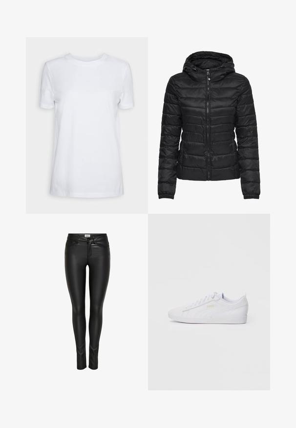 Jachetă puffer neagră cu glugă, cu un design matlasat și închidere cu fermoar. Material moale și lucios, cu manșete elastice. Călduroasă și ușoară.; Tricou alb cu mânecă scurtă din bumbac. Design cu gât rotund, cu o textură netedă și fără modele sau accente vizibile. Stil de bază.; Pantaloni negri slim-fit din piele ecologică, cu închidere frontală cu nasture și fermoar, precum și bucle pentru curea, expuși pe un fundal alb.; Adidași Puma albi, cu vârf jos, cu șireturi în față, branding subtil pe lateral și pe talpă, și un material sintetic neted, ideali pentru purtarea de zi cu zi.