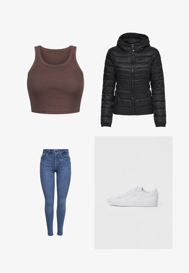 Svart pufferjacka med huva, med ett quiltat mönster och dragkedjestängning. Mjukt, glänsande tyg med elastiska ärmslut. Varm och lätt.; Brun randig crop-top med rund hals och breda axelband. Tyget verkar mjukt med en subtil textur.; Blå högmidjade skinny jeans med frontfickor, knapp, dragkedja och bältesöglor, visade på en vit bakgrund.; Vita låg-top Puma sneaker med snörning fram, subtil logotyp på sidan och sulan, samt en slät syntetisk ovandel för avslappnat bruk.