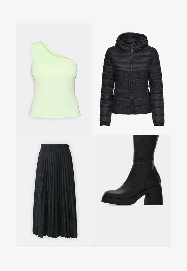 Jachetă puffer neagră cu glugă, cu un design matlasat și închidere cu fermoar. Material moale și lucios, cu manșete elastice. Călduroasă și ușoară.; Top asimetric cu un umăr în material de culoare verde deschis, design ajustat cu textură netedă, fără decorațiuni sau modele.; Fustă plisată neagră cu un talie lată, cu pliuri verticale uniforme pe toată suprafața. Textură netedă cu un design fluid.; Botină din piele neagră, până la jumătatea gambei, cu toc gros și vârf rotunjit, prezentată în profil lateral pe un fundal alb.