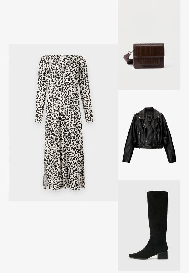 Svart läderkort motorcykeljacka med snedkrage, silverdetaljer, dragkedjefickor och bälte i midjan.; Lång, crèmefärgad klänning med ett mönster av svarta prickar, har långa ärmar, V-halsringning och en sidoklyvning för ökad rörelsefrihet.; Knähöga svarta mockastövlar med spetsig tå och en kraftig rektangulär klo, med en slät yta och minimalistisk design.; Brun axelremsväska i läder med strukturerad finish, med lockstängning, justerbar rem och framficka. Kompakt rektangulär form.