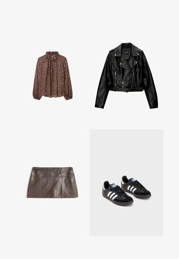 Schwarze Leder-Cropped-Bikerjacke mit Reverskragen, silberner Hardware, Reißverschlusstaschen und tailliertem Gürtel.; Cremefarbener, schulterfreier Pullover mit geripptem Saum und langen, weiten Ärmeln. Weicher Stoff, lässige Passform. Einfaches, minimalistisches Design.; Langärmlige Bluse mit einem braun-schwarzen Leopardenmuster, versehen mit einem hohen, gerafften Ausschnitt und gerafften Manschetten. Leichter Stoff mit fließendem Design.; Brauner Leder-Minirock mit einem genagelten Bund und einem Gürtelschlaufen mit Schnalle, glatter Textur und schlankem, geradem Design.; Schwarze Sneaker mit einem Obermaterial aus Wildleder und Synthetik, ausgestattet mit drei weißen Streifen, einer strukturierten Gummi-Sohle und einem blauen Logo-Tag auf der Zunge.