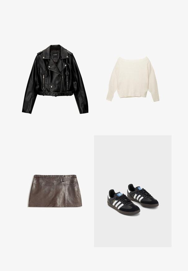 Fekete bőr rövidített motoros dzseki, amely jellemzője a kihajtható gallér, ezüst színű fémalkatrészek, cipzáras zsebek és övvel ellátott derék.; Krém színű, vállringató pulóver bordázott szegéllyel és hosszú, széles ujjakkal. Puha tapintás, laza fazon. Egyszerű, minimalista dizájn.; Barna bőr mini szoknya, szegecselt derékrésszel és csatos övhurkokkal, sima textúrával és letisztult, egyenes fazonnal.; Fekete sportcipők, velúrból és szintetikus anyagból készült felsőrésszel, három fehér csíkkal, textúrázott gumitalppal és kék logó címkével a nyelvén.