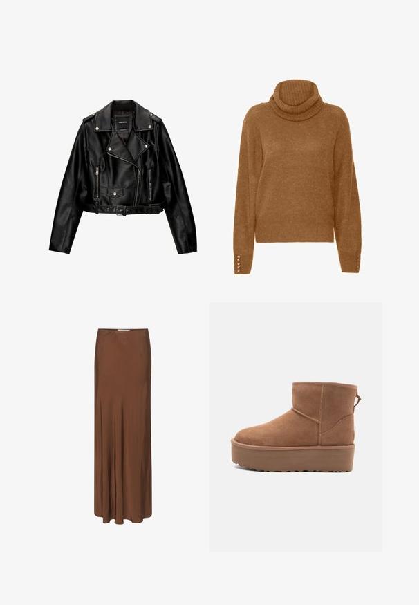 Fekete bőr rövidített motoros dzseki, amely jellemzője a kihajtható gallér, ezüst színű fémalkatrészek, cipzáras zsebek és övvel ellátott derék.; Barna garbónyakú pulóver, puha, textúrált felülettel és hosszú ujjakkal. Gyöngyszerű díszítések találhatók a mandzsettákon.; Hosszú, sima anyagból készült barna szoknya. Feszes derékkal, diszkrét ráncokkal és logóval ellátott részlettel az elején. Padlóhosszan érkező kialakítás.; Barna suede bokacsizma platform talppal, lekerekített orral és varrás részletekkel; a hátsó részen húzófül található a könnyű felhúzás érdekében.