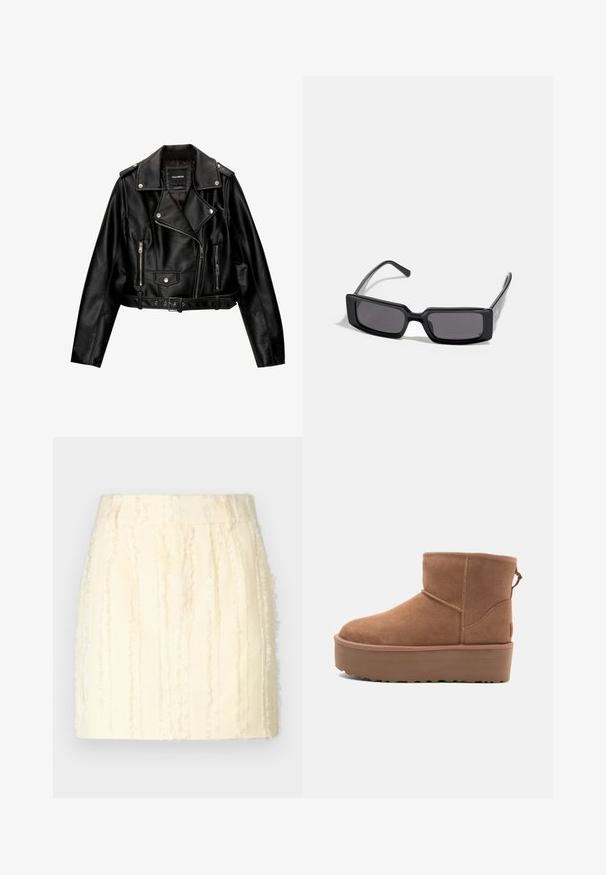 Schwarze Leder-Cropped-Bikerjacke mit Reverskragen, silberner Hardware, Reißverschlusstaschen und tailliertem Gürtel.; Brauner Rollkragenpullover mit einer weichen, strukturierten Oberfläche und langen Ärmeln. Verfügt über perlenartige Akzente an den Bündchen.; Helleckiger Rock mit vertikalen strukturierten Streifen, der ein ausgefranstes Design und einen taillierten Bund aufweist. Der Stoff wirkt weich und leicht.; Beige Wildleder-Ankle-Boot mit Plateausohle, abgerundetem Zehenbereich und abgesteppten Akzenten; verfügt über eine Zuglasche hinten für einfaches An- und Ausziehen.; Schwarze Sonnenbrille mit rechteckigem Rahmen, dunklen Gläsern und glatter, glänzender Oberfläche. Verfügt über dünne Bügel mit dezentem Branding an der Seite.