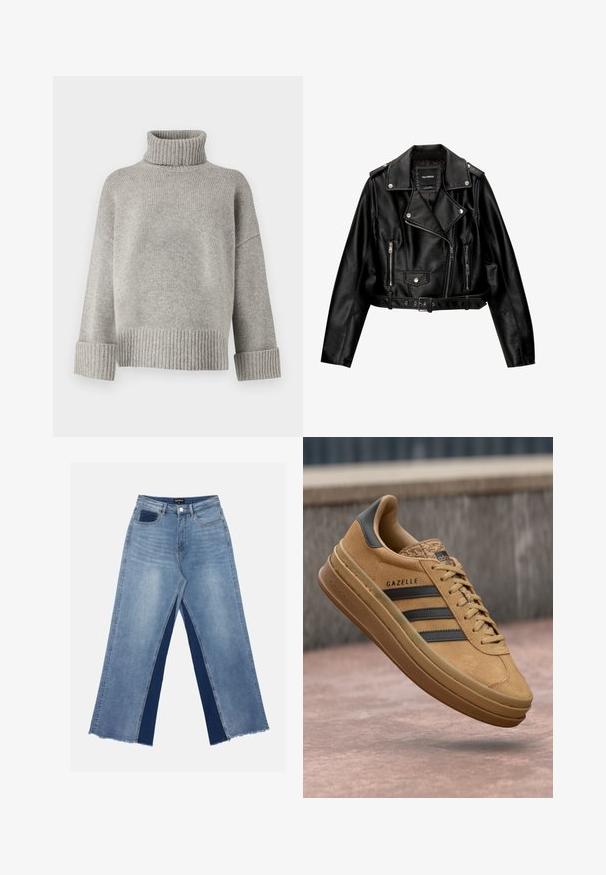 Kratka motoristična jakna iz črnega usnja s podloženim ovratnikom, srebrno opremo, žepi na zadrgo in pasom.; Siv pulover s turtleneck ovratnikom, izdelan iz mehkega pletenega materiala, z rebrastimi manšetami in obrobo. Ima sproščen kroj in strukturiran dekolte.; Svetlo modre široke kavbojke z kontrastnimi temno modrimi paneli, strganimi robovi in standardnim pasom z kovinskim gumbom.; Svetlo rjave semiš teniske z gladko teksturo, ki imajo tri temne črte, zaobljen nos in debelejši podplat s vzorčastim robom.