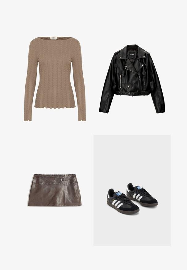 Black leather cropped biker jacket featuring a notched collar, silver hardware, zippered pockets, and a belted waist.; Brown knitted long-sleeve top featuring a cable pattern, boat neckline, and scalloped hem detailing. Soft, textured fabric.; Brown leather mini skirt featuring a studded waistband and a belt loop with a buckle, smooth texture, and sleek, straight design.; Black sneakers with a suede and synthetic upper, featuring three white stripes, textured rubber sole, and blue logo tag on the tongue.