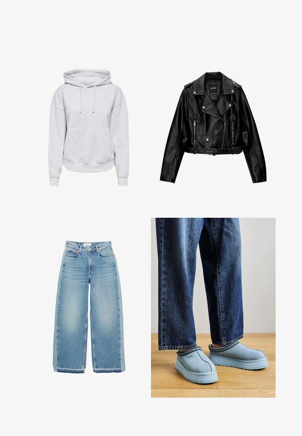 Czarna skórzana kurtka motocyklowa o kroju cropped, z wyciętą kołnierz, srebrnymi dodatkami, zamykanymi kieszeniami oraz paskiem w talii.; Szara bluza z kapturem o luźnym kroju, z plecionymi sznurkami, ściągaczami u rękawów i kieszenią z przodu. Wykonana z miękkiego, teksturowanego materiału.; Jasnoniebieskie dżinsy szerokie w nogawkach, wykonane z denimu, z wysokim stanem, zapięciem na guzik, kieszeniami z przodu i surowym dołem.; Niebieskie zamszowe buty UGG na luzie z grubą podeszwą, noszone z niebieskimi dżinsami na drewnianej podłodze na tle jednolitego koloru.
