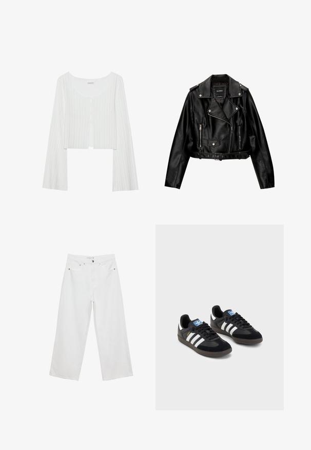 Čierna kožená skrátená bikerská bunda so zúženým golierom, striebornými doplnkami, zipsovými vreckami a pásom v páse.; Biely rebrovaný crop top s okrúhlym výstrihom, dlhými rukávmi a radom gombíkov. Má jemnú textúru a predné rozparky.; Biele široké džínsy z denimu s vysokým pásom, vybavené piatimi vreckami a kovovými doplnkami. Hladká textúra, žiadne viditeľné vzory.; Čierne tenisky so zvrškom z semišu a syntetického materiálu, s tromi bielymi pruhmi, štruktúrovanou gumovou podrážkou a modrou logovou etiketou na jazyku.