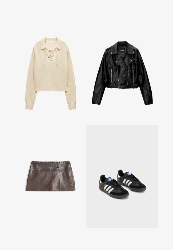 Czarna skórzana kurtka motocyklowa o kroju cropped, z wyciętą kołnierz, srebrnymi dodatkami, zamykanymi kieszeniami oraz paskiem w talii.; Mango - Sweter; Brązowa skórzana mini spódnica z przeszywaną talią i pętelką na pasek z klamrą, gładką fakturą oraz prostym, eleganckim krojem.; Czarne sneakersy z zamszową i syntetyczną cholewką, wyposażone w trzy białe paski, teksturowaną gumową podeszwę oraz niebieską metkę z logo na języku.
