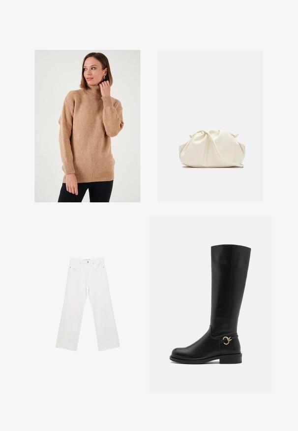 Kratka motoristična jakna iz črnega usnja s podloženim ovratnikom, srebrno opremo, žepi na zadrgo in pasom.; Bež pulover s turtleneck izrezom, ohlapnega kroja, pletena tekstura ter rebrasti manšeti in spodnji del. Sprednja stran je nekoliko daljša z spuštenimi rameni, kar ustvarja sproščen videz.; Bele široke hlače iz belega denima z značilnim pet-pocket dizajnom, kovinsko opremo in kontrastnim šivanjem. Gladka tekstura in sproščen kroj.; Anna Field Wide Fit Škornji - black; Krema barve, mehka torba iz umetnega usnja z nabranim dizajnom, nastavljivim ročajem in diskretnim zapiranjem na vrvico. Gladka tekstura in zaobljena oblika.