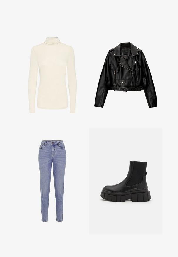 Giubotto da biker cropped in pelle nera con colletto a punta, hardware argentato, tasche con zip e vita con cintura.; Maglione a collo alto di colore crema con maniche lunghe, dalla vestibilità slim e texture di tessuto liscia, presentato su uno sfondo bianco semplice.; Jeans alta vita di colore blu chiaro realizzati in denim, con chiusura a zip e bottone, cinque tasche e gamba dritta.; Stivali neri alla caviglia in pelle liscia con pannelli laterali elastici, una suola platform spessa e un design della suola testurizzato.
