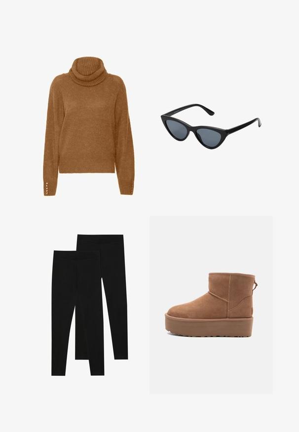 Jachetă de motociclist scurtă din piele neagră, cu guler cu revere, accesorii din metal argintiu, buzunare cu fermoar și talie cu curea.; Pulover căptușit de culoare maro, cu un finisaj moale și texturat și mâneci lungi. Prezintă accente perle pe manșete.; Leggings negre dintr-un material elastic, cu o talie fără cusături și un design slim fit, potrivite pentru îmbrăcăminte casual sau exerciții fizice.; Botine din suede de culoare bej, cu talpă platformă, vârf rotund și detalii de cusătură; dispune de un mânere la spate pentru a fi ușor de încălțat.; Ochelari de soare negri de tip cat-eye cu lentile gri închis, cadru din plastic elegant, colțuri ascuțite și brațe drepte. Fără hardware sau accente vizibile.; Geantă de umăr din piele ecologică maro, cu o formă curbată, cusături minime și un accent din metal auriu. Are un închidere cu fermoar în partea de sus și o curea ajustabilă.