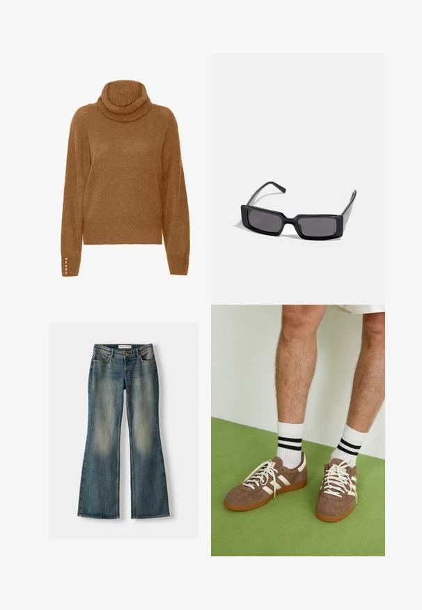 Musta nahkainen lyhyt moottoripyörätakki, jossa on lovellinen kaulus, hopeanväriset yksityiskohdat, vetoketjulliset taskut ja vyötärölle sidottava vyö.; Ruskea poolopaita pehmeällä, tekstuurilla varustetulla pinnalla ja pitkillä hihoilla. Hihoissa on helmiä muistuttavia yksityiskohtia.; Siniset leveälahkeiset farkut, joissa on haalistunut pesu, viisi taskua ja nappikiinnitys. Materiaalissa on farkkukangas, jossa on hienovaraisia ompeluyksityiskohtia.; Ruske nahkate sneakerit valkoisilla korostuksilla ja nauhoilla. Kumi-gumipohja. Yhdistetty valkoisiin sukkiin, joissa on mustia raitoja. Vihreä teksturoitu lattia.; Mustat aurinkolasit, joissa on suorakaiteen muotoinen kehys, tummat linssit ja sileä kiiltävä pinta. Ominaisuuksiin kuuluu ohuet templet, joissa on hienovarainen brändäys sivussa.