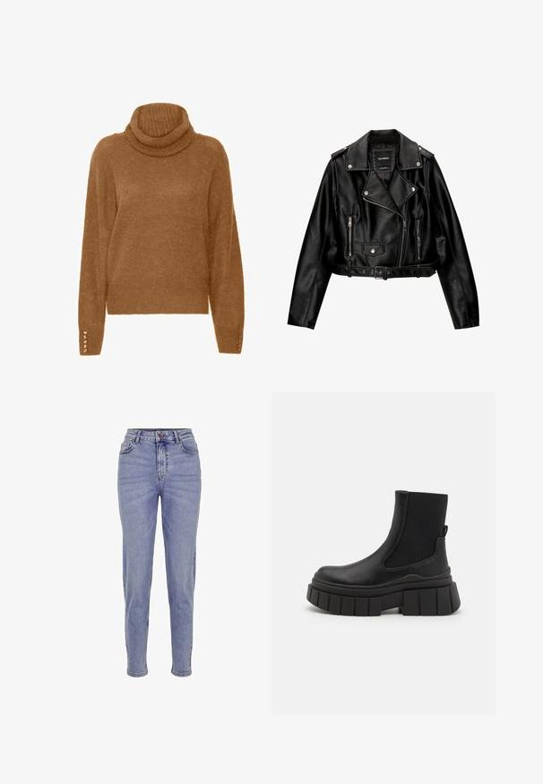 Schwarze Leder-Cropped-Bikerjacke mit Reverskragen, silberner Hardware, Reißverschlusstaschen und tailliertem Gürtel.; Brauner Rollkragenpullover mit einer weichen, strukturierten Oberfläche und langen Ärmeln. Verfügt über perlenartige Akzente an den Bündchen.; Hellblaue High-Waist-Jeans aus Denim, mit einem Reißverschluss und Knopfverschluss, fünf Taschen und geradem Bein.; Schwarze Knöchelstiefel aus glattem Leder mit elastischen Seitenpaneelen, einer klobigen Plateausohle und einem strukturierten Profilmuster.