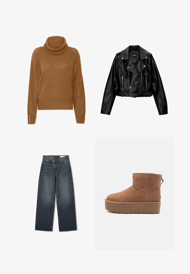 Schwarze Leder-Cropped-Bikerjacke mit Reverskragen, silberner Hardware, Reißverschlusstaschen und tailliertem Gürtel.; Brauner Rollkragenpullover mit einer weichen, strukturierten Oberfläche und langen Ärmeln. Verfügt über perlenartige Akzente an den Bündchen.; Dunkel waschjeans mit weitem Bein, hoher Taille, fünf Taschen und dezenten Abnutzungen an der Vorderseite.; Beige Wildleder-Ankle-Boot mit Plateausohle, abgerundetem Zehenbereich und abgesteppten Akzenten; verfügt über eine Zuglasche hinten für einfaches An- und Ausziehen.