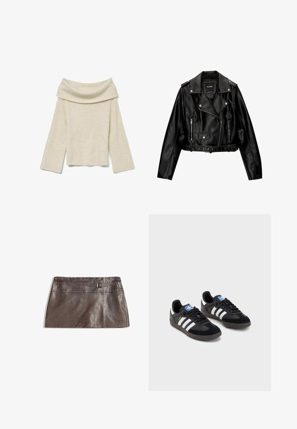 Schwarze Leder-Cropped-Bikerjacke mit Reverskragen, silberner Hardware, Reißverschlusstaschen und tailliertem Gürtel.; Vero Moda ERA LS OFF SHOULDER GA NOOS - Strickpullover - birch; Brauner Leder-Minirock mit einem genagelten Bund und einem Gürtelschlaufen mit Schnalle, glatter Textur und schlankem, geradem Design.; Schwarze Sneaker mit einem Obermaterial aus Wildleder und Synthetik, ausgestattet mit drei weißen Streifen, einer strukturierten Gummi-Sohle und einem blauen Logo-Tag auf der Zunge.