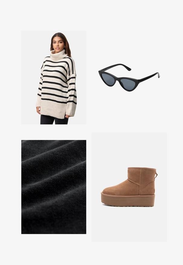 Giubotto da biker cropped in pelle nera con colletto a punta, hardware argentato, tasche con zip e vita con cintura.; Elara Maglione - beige; Tessuto nero con una trama liscia e morbida, caratterizzato da pieghe orizzontali sottili e un motivo di tessitura uniforme. Nessun motivo o accento visibile.; Stivale alla caviglia in suede beige con suola platform, punta rotonda e dettagli di cucitura; presenta un inserto sul retro per una facile calzata.; Occhiali da sole cat-eye neri con lenti grigie scure, montatura in plastica elegante, angoli appuntiti e tempie dritte. Nessuna ferramenta o accenti visibili.