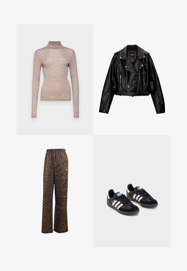 Schwarze Leder-Cropped-Bikerjacke mit Reverskragen, silberner Hardware, Reißverschlusstaschen und tailliertem Gürtel.; Langärmliges Turtleneck-Oberteil aus weichem, hellem Beigefarbenem Stoff. Figurbetontes Design mit glatter Textur und hohem Kragen.; Drei ärmellose Tops gestapelt: schwarz, olivgrün und weiß. Der Stoff ist ein glattes, dehnbares Material mit abgerundeten Ausschnitten und ohne Muster.; adidas Originals WIDE LEG LEO PRINT SATIN PANTS - Jogginghose - multicolor bronze strata; Schwarze Sneaker mit einem Obermaterial aus Wildleder und Synthetik, ausgestattet mit drei weißen Streifen, einer strukturierten Gummi-Sohle und einem blauen Logo-Tag auf der Zunge.