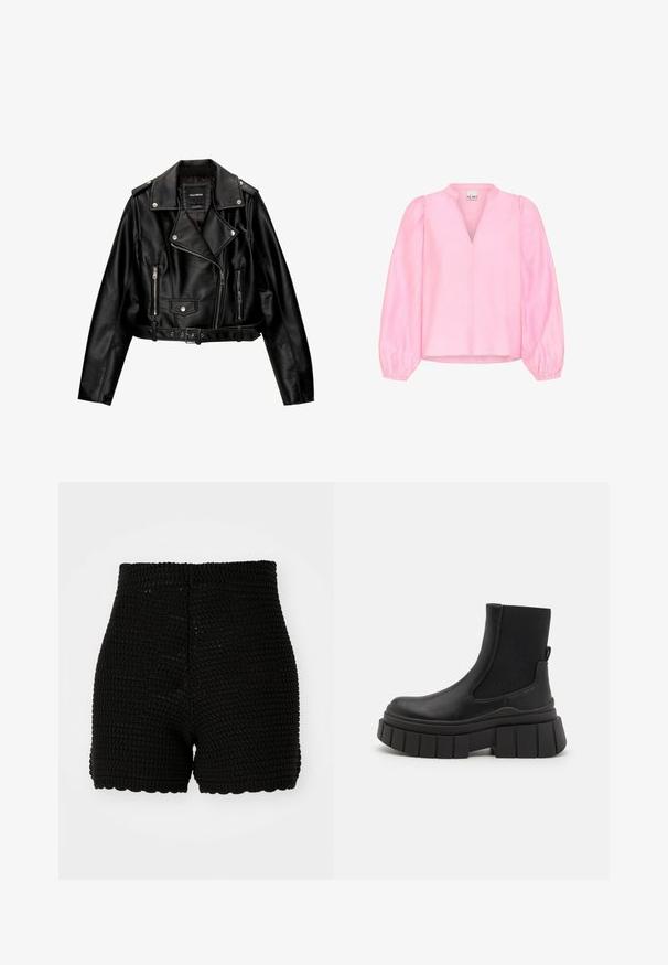 Kratka motoristična jakna iz črnega usnja s podloženim ovratnikom, srebrno opremo, žepi na zadrgo in pasom.; Roza bluzica z dolgimi napihnjenimi rokavi in V-izrezom. Narejena je iz lahkotnega blaga z gladko teksturo in sproščenim krojem.; Črne kvačkane kratke hlače z rebrastim vzorcem, visokim pasom in valovitimi robovi. Oblikovane za prileganje silhueti in z zračnim materialom.; Črne gležnjarje iz gladke usnje s elastikami na straneh, z masivnim podplatom in teksturiranim dizajnom podplata.