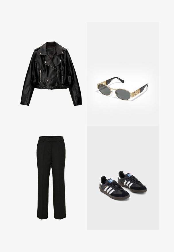 Zwarte leren cropped bikerjack met een ingenaaide kraag, zilveren hardware, ritssluitingen en een ceintuur in de taille.; Blouse in luipaardprint met rimpelnek, lange mouwen en lace-up detail, gemaakt van lichtgewicht materiaal, gecombineerd met hoge taille donkere jeans.; Zwarte, op maat gemaakte broeken met een recht gesneden ontwerp, riemlussen en voorzakken; gladde stof met een nette afwerking.; Zwarte sneakers met een bovenwerk van suède en synthetisch materiaal, voorzien van drie witte strepen, een gestructureerde rubberen zool en een blauw logo-label op de tong.; Ovale zonnebril met een gouden metalen frame en grijze lenzen. Bevat zwarte acetaamarmen met gouden accenten en logo-detail aan de zijkanten.