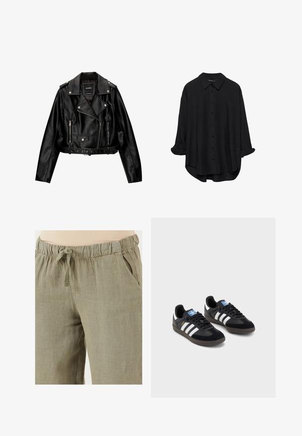 Kratka motoristična jakna iz črnega usnja s podloženim ovratnikom, srebrno opremo, žepi na zadrgo in pasom.; Črna dolgorasna srajca z gumbi in koničastim ovratnikom, udobnega kroja, z zavihanimi rokavi in rahlo zaobljenim robom, izdelana iz gladkega materiala.; Hlače iz svetlo olivno zelenega lana z elastičnim pasom in vrvico; vsebujejo stranske žepe in sproščen kroj.; Črne športne copate z zgornjim delom iz semiša in sintetičnih materialov, ki imajo tri bele črte, teksturiran gumijast podplat in modro označevalno oznako na jeziku.