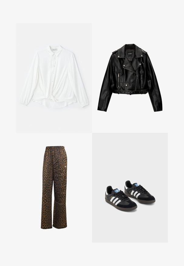 Giubotto da biker cropped in pelle nera con colletto a punta, hardware argentato, tasche con zip e vita con cintura.; Blusa bianca a maniche lunghe con collo a punta, chiusura con bottoni e dettaglio annodato in vita. Realizzata in tessuto leggero e morbido.; adidas Originals WIDE LEG LEO PRINT SATIN PANTS - Pantaloni sportivi - multicolor bronze strata; Sneakers neri con tomaia in suede e materiale sintetico, caratterizzati da tre strisce bianche, suola in gomma testurizzata e etichetta blu sul linguetta.